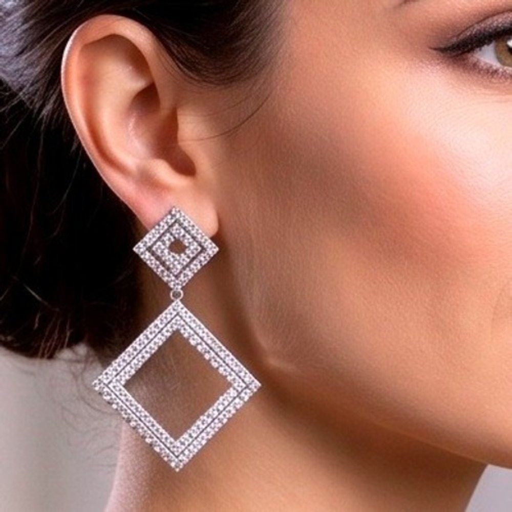 Vintage NOS Clear Crystal Geometric Double Diamond Drop Clip On Earrings